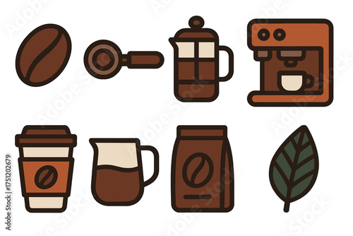 Essential coffee brewing equipment and ingredients set including espresso machine, French press, and coffee bean