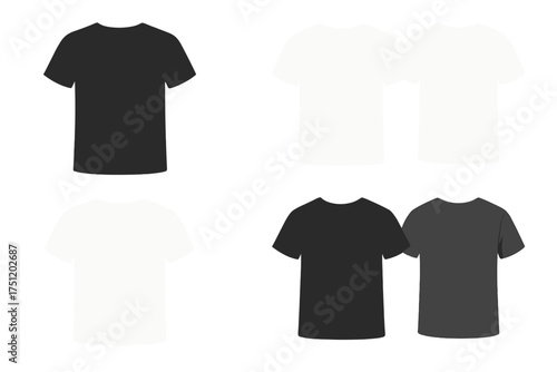 Blank black and white t-shirt mockup template showing front and back views for apparel design