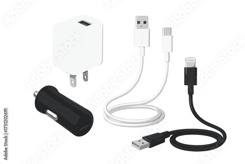 Essential electronic charging accessories including wall adapter, car charger, and various USB cables