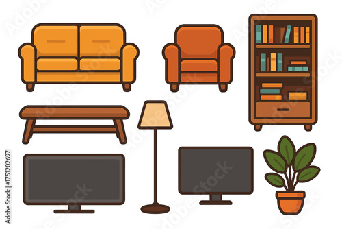 Collection of modern living room furniture and home decor items isolated on white background