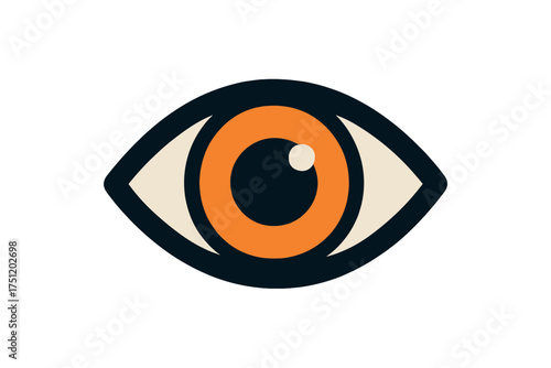 Stylized graphic representation of a human eye featuring an orange iris and dark pupil