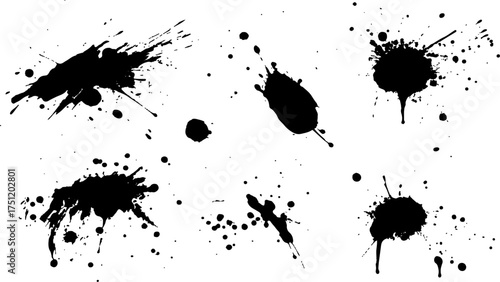 Abstract black ink splatter pattern on white background. Vector ink blots and splatters on white background. Collection of ink splatter graphics for artistic backgrounds design template, wallpaper,