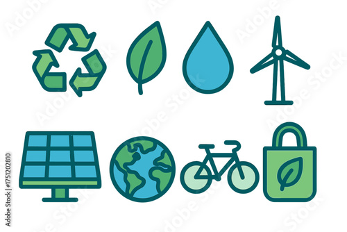 Ecology and renewable energy symbols: recycling, solar power, wind turbine, water drop, and Earth globe