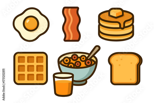 Classic breakfast food items including egg bacon pancakes waffle cereal and toast