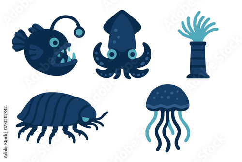 Stylized set of deep ocean inhabitants: anglerfish, squid, jellyfish, and giant isopod