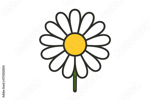 Simple stylized daisy flower icon with white petals and yellow center on a green stem