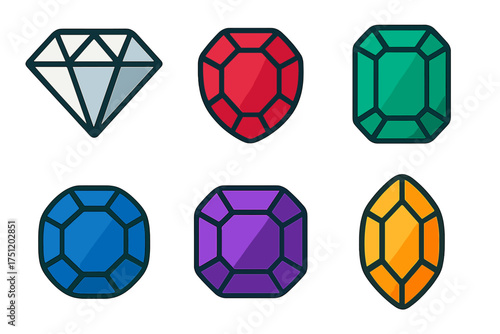 Set of six brightly colored faceted precious stones and jewels in various cuts
