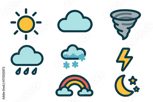 Colorful weather forecast icons set featuring sun cloud rain snow tornado lightning and rainbow