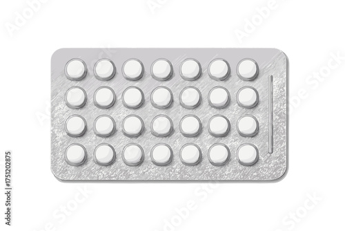 Isolated blister pack containing twenty-eight white round pills for medical treatment or birth control