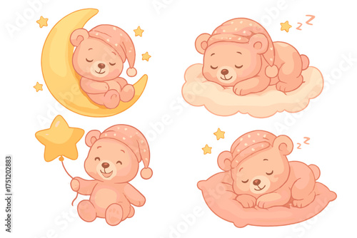 Cute baby teddy bears wearing pink sleep caps, sleeping on moon, cloud, and pillow set