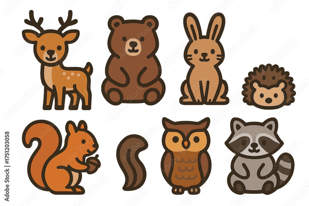 Naklejka premium Set of cute woodland animals including deer bear rabbit hedgehog squirrel owl and raccoon characters