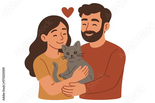 Smiling couple holding a cute gray cat symbolizing affection and companionship