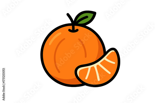 Whole ripe orange fruit with a green leaf and a separate peeled citrus segment slice