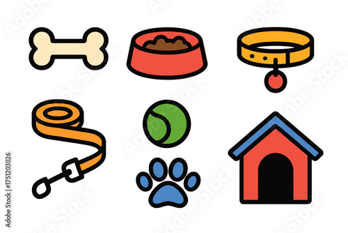 Collection of essential pet supplies including bone, food dish, collar, leash, tennis ball, paw print, and kennel