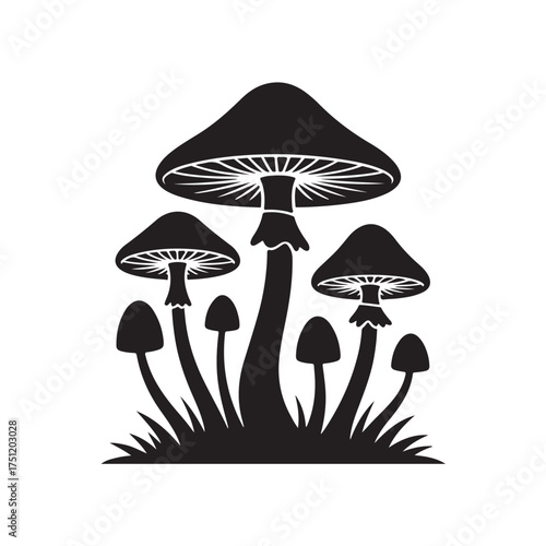 A cluster of stylized mushrooms with detailed gills and stems, isolated on white background