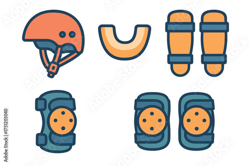 Protective sports equipment set with helmet, knee pads, shin guards, and mouthguard