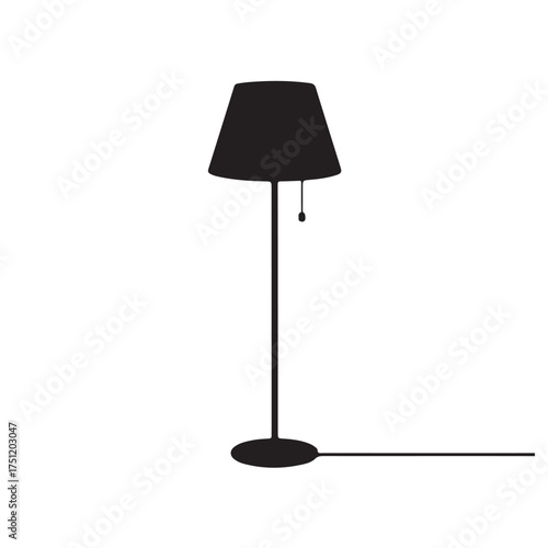 A silhouette of a modern floor lamp casting a long shadow on a white background