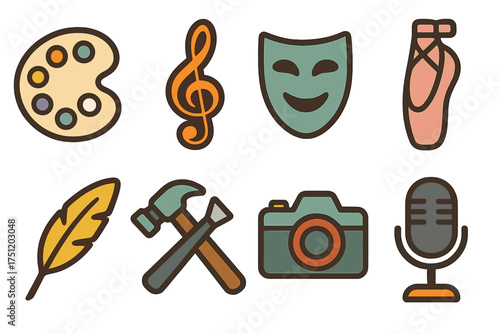 Creative arts and crafts icons set featuring painting, music, theater, dance, writing, and photography symbols