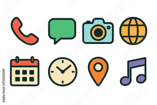 Essential digital icons set for communication, time, location, and media utility symbols