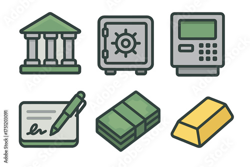 Essential banking and finance icons featuring bank, safe, ATM, check, cash, and gold ingot symbols