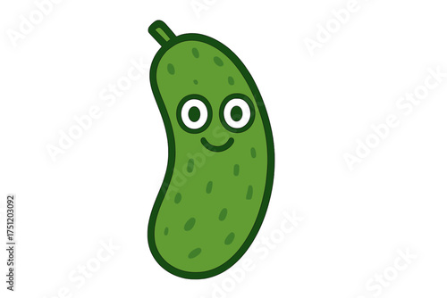 Happy green cucumber or pickle vegetable character with a friendly smiling face