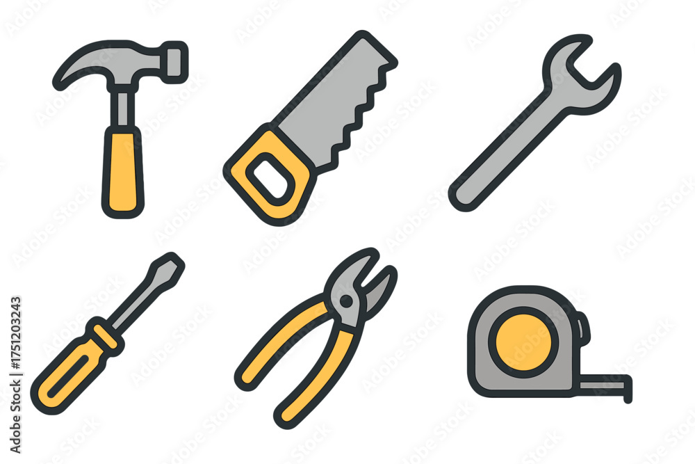 Fototapeta premium Essential construction and repair hand tools including hammer saw wrench and screwdriver