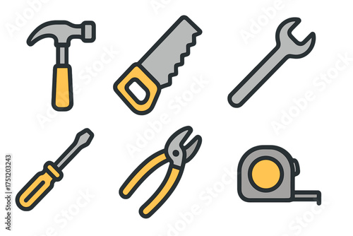 Essential construction and repair hand tools including hammer saw wrench and screwdriver