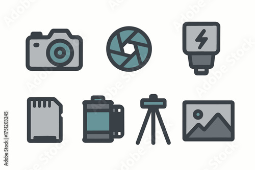 Collection of six photographic tools including camera, aperture, flash, film, memory card, and tripod