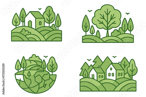 Set of green landscape icons featuring houses, trees, and ecological themes on rolling hills