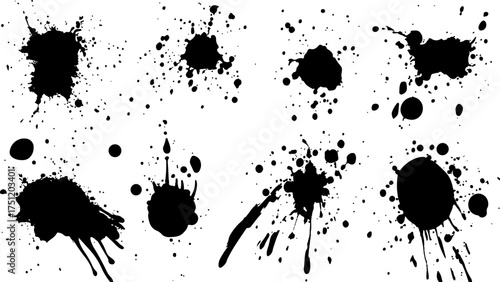 Abstract black ink splatter pattern on white background. Vector ink blots and splatters on white background. Collection of ink splatter graphics for artistic backgrounds design template, wallpaper,