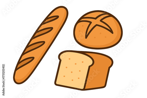 Assortment of fresh baked goods including baguette, round loaf, and sliced bread