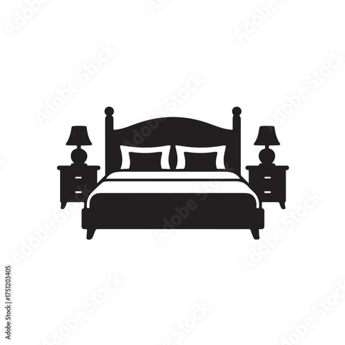 Bed with pillows and nightstands with lamps isolated on white background