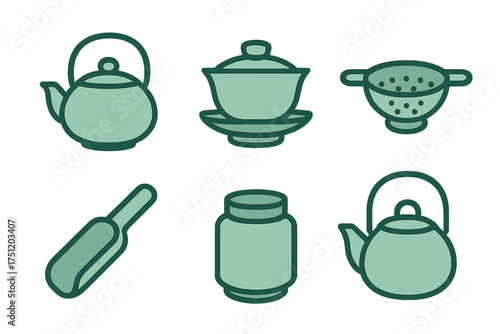 Traditional Chinese tea ceremony utensils and accessories icon collection