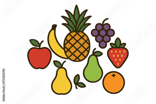 Brightly colored arrangement of fresh tropical and temperate fruits on a white background