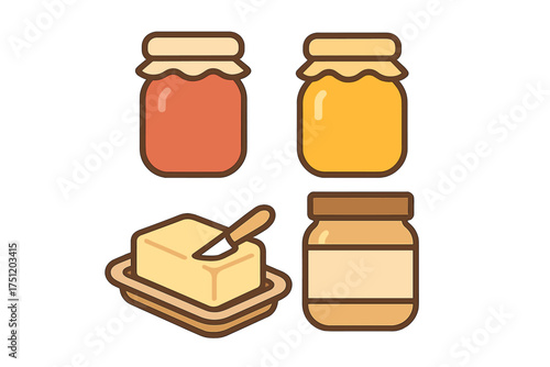 Breakfast spreads set including jam, honey, peanut butter, and butter block on a dish