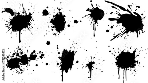 Abstract black ink splatter pattern on white background. Vector ink blots and splatters on white background. Collection of ink splatter graphics for artistic backgrounds design template, wallpaper,