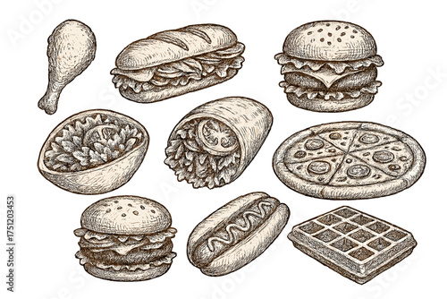 Vintage hand drawn sketch set of popular fast food items like burgers, pizza, and hot dogs