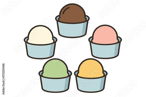 Colorful ice cream scoops dessert in paper cups arranged in a circle