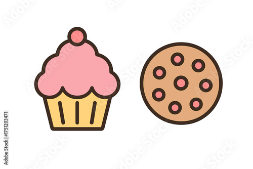 Delicious baked goods featuring a pink frosted cupcake and a classic chocolate chip cookie