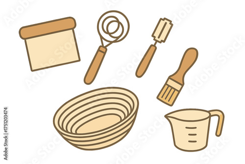 Various essential tools and equipment used for baking bread and pastries