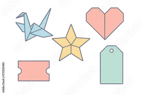 Pastel geometric shapes set featuring origami crane, star, heart, coupon, and gift tag design