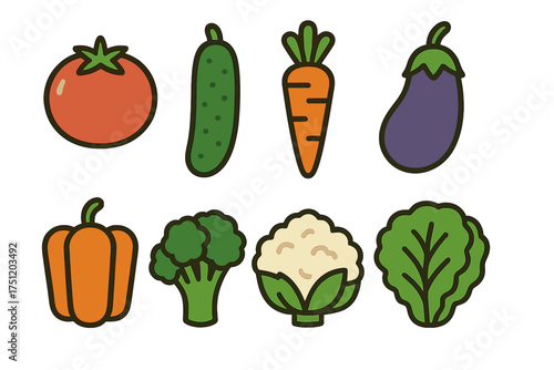 Set of eight colorful fresh vegetables including tomato, carrot, broccoli, and eggplant
