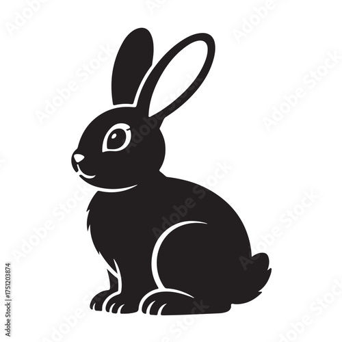 Black silhouette of a cute rabbit sitting, isolated on white background