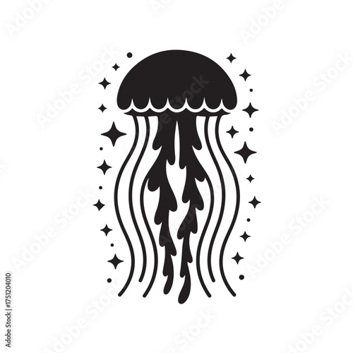 Black silhouette of a jellyfish with flowing tentacles and stars, isolated on white background