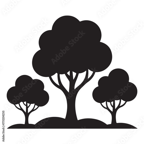 Black silhouette of three trees on a small hill isolated on white background