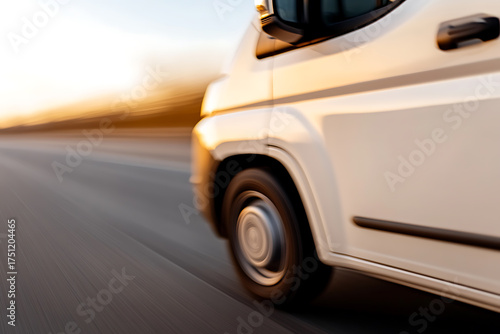 Speeding Van: A close-up captures the motion of a white van driving on a road, showcasing the blur of speed and the open road in the background. Motion blur.