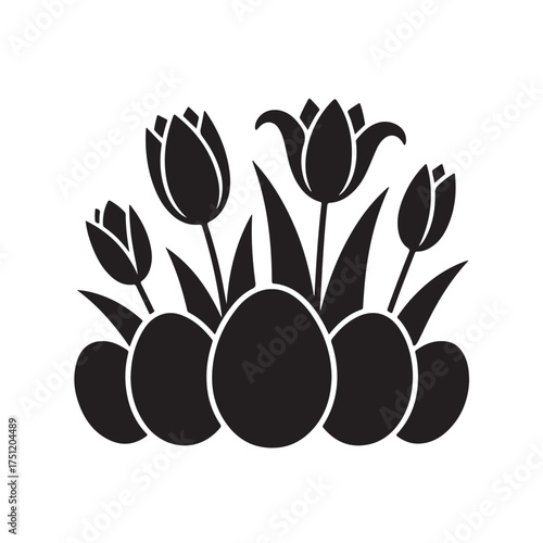 Black silhouette of tulips and easter eggs isolated on white background