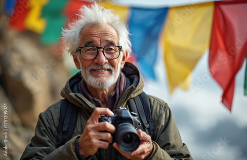 Elderly man with white hair, beard holds camera, wears glasses, green jacket. Prayer flags visible in background. Tourist photographer in mountainous location. Senior traveler captures scenery. Happy