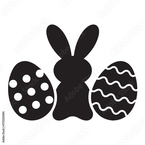 Easter bunny silhouette with decorated eggs, isolated on white background