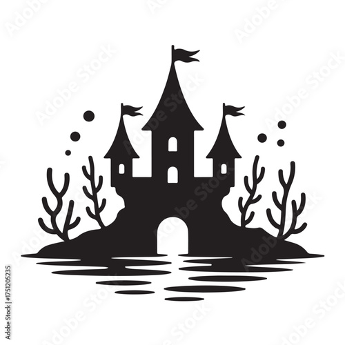 Fairytale castle silhouette with flags and surrounding elements, isolated on white background